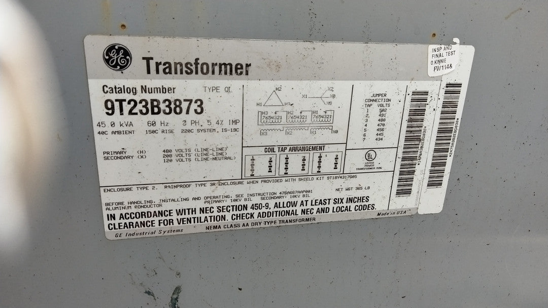 Dry Type Transformer 45kVA, 480V delta, 208Y/120V Secondary, 3 Phase, Type 2 Enclosure