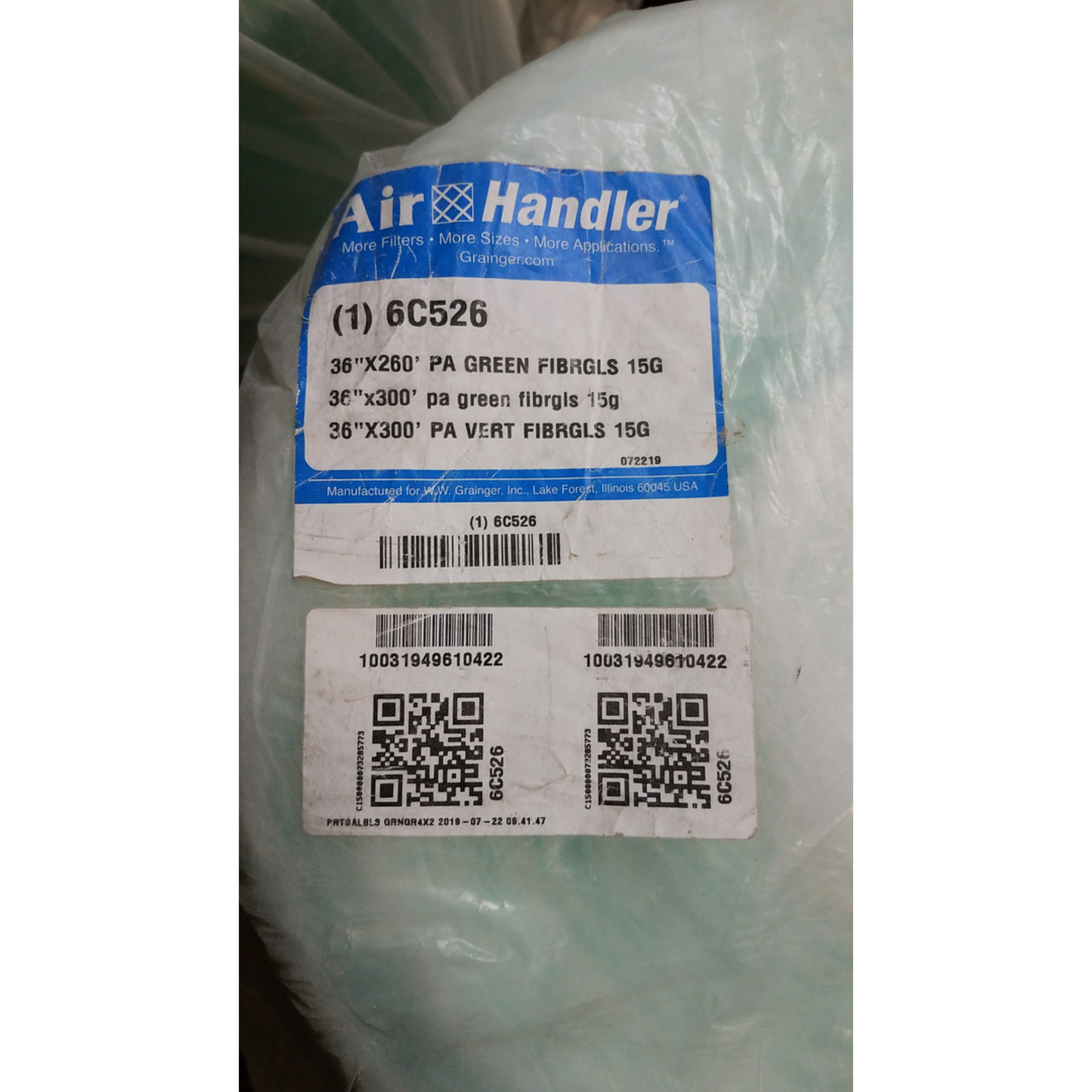 Air Handler 6C526 36"X260 Ft. Paint Collector Filter Roll, Fiberglass